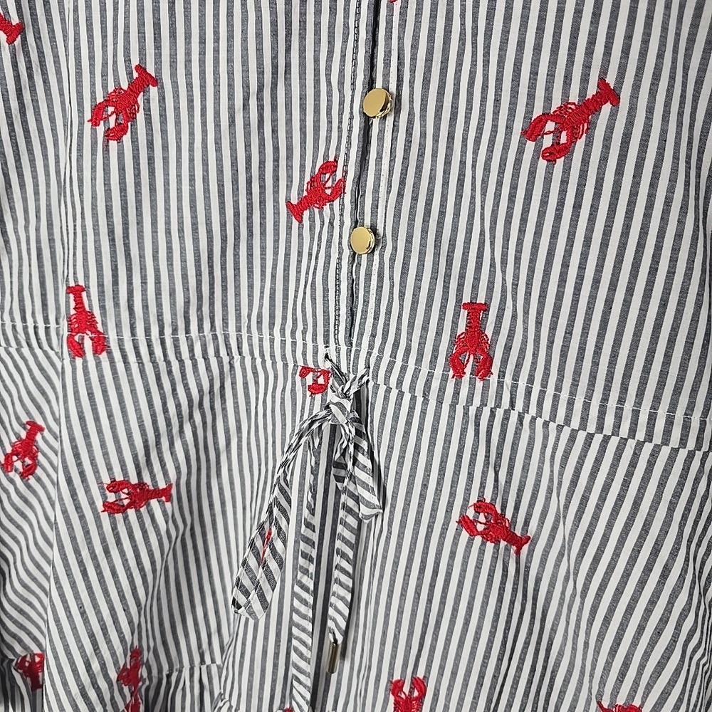 Lands' End Lobster Applique Popover Dress Medium Striped Red Grey Coastal - Picture 8 of 12